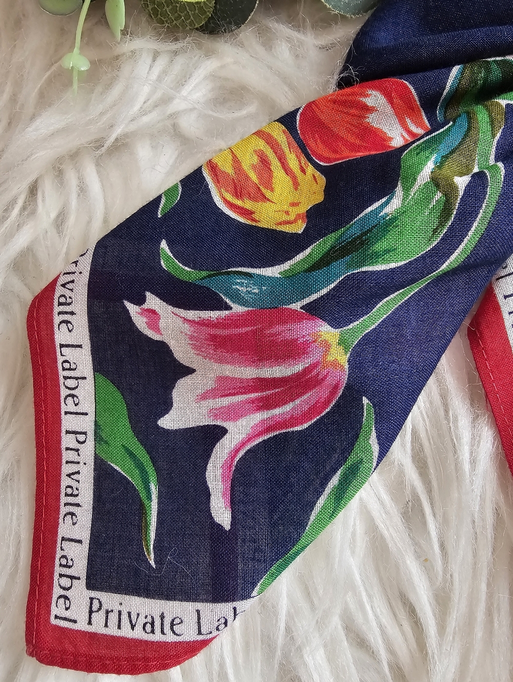 Private Label Navy Floral Bow Scarf with Red Edge - Picture 2 of 3